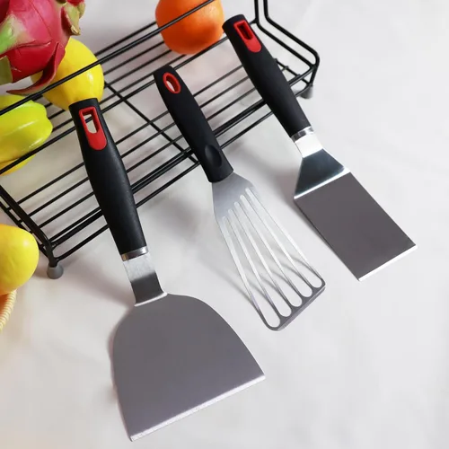 Vista 5 de KLAQQED Juego de espátulas de acero inoxidable para cocina de metal para sartén de hierro fundido con mango de silicona, espátula de pescado Turner