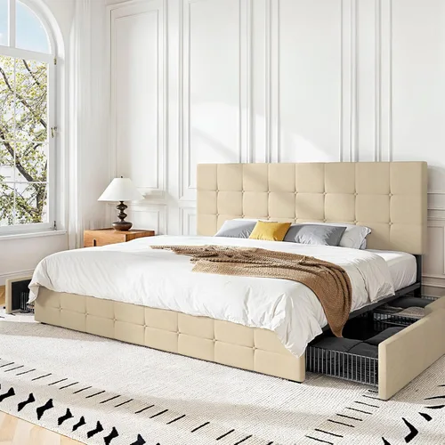 Vista 63 de HOOMIC Base de cama de almacenamiento de plataforma de tamaño matrimonial con 4 cajones y cabecera ajustable, listones de madera, no necesita