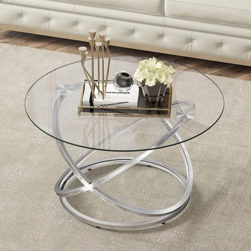 Vista 6 de OIOG Mesa de centro redonda, mesas de centro de cristal para sala de estar, mesa de centro moderna con mesa de vidrio templado, acabado cromado