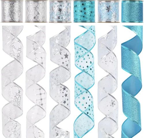 MEEDEE Cinta de Navidad turquesa de 2.5 pulgadas, 6 rollos, 36 yardas, azul y plateado para árbol de Navidad