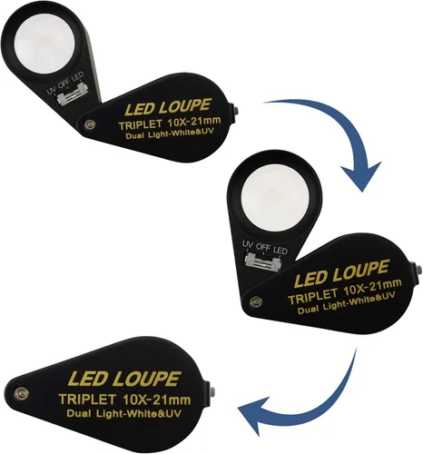 Vista 6 de 10 lupas para joyería, lupa LED UV de 0.827 in, lente de triplete, cristal óptico, herramienta de aumento de gemas de bolsillo, joyero, sello