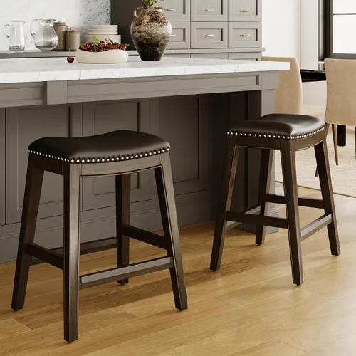 Vista 51 de DTY Indoor Living Durango - Taburete de silla de montar de 24 pulgadas, altura de mostrador, gris desgastado, cuero negro Cuero gris desgastado/negro