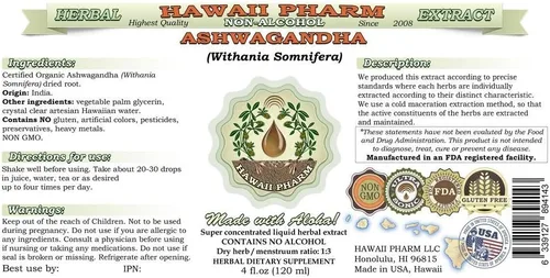 Vista 2 de Hawaii Pharm Ashwagandha Extracto líquido sin alcohol, Ashwagandha (Withania Somnifera) Glicerita de raíz seca 2 onzas