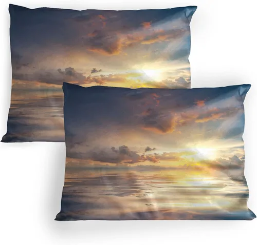 Vista 14 de Lunarable Ocean Pillow Sham Set of 2, Sunset at a Smooth Sandy Beach with Small Wave and Bubbles from The Sea, Quality Microfiber Bedding Item for