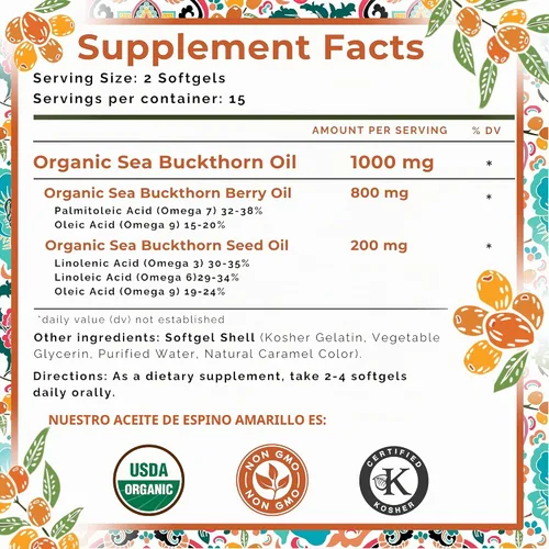 Vista 7 de SeabuckWonders Omega-7 completo, fabricado con aceite de espino amarillo orgánico, 30 cápsulas blandas (500 mg cada uno)