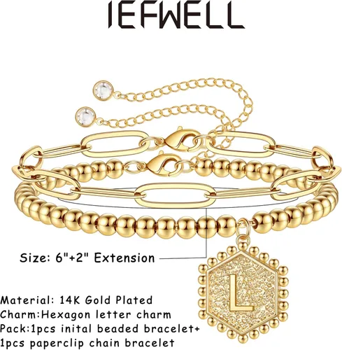 Vista 5 de IEFWELL Pulseras de oro para mujeres, adolescentes, niñas, oro auténtico de 14 quilates, pulseras de plata chapada en oro rosa con cuentas