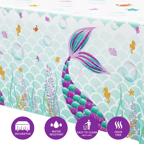 Vista 2 de WERNNSAI Mantel de mesa de sirena, 1 paquete de mantel de plástico impreso desechable de 108 x 54 pulgadas, suministros de fiesta para niños