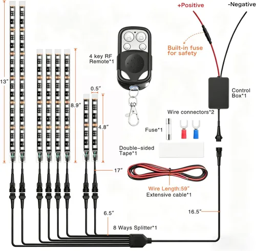 Vista 8 de Nilight Kit de luces LED RGB para motocicleta, impermeable, multicolor, lámpara de luces de atmósfera con control remoto inalámbrico RF de 4 teclas