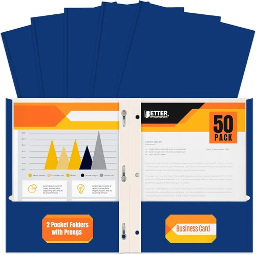 Better Office Products Blue Paper - Carpetas de papel de 2 bolsillos con puntas, paquete de 50, textura mate, carpetas de papel tamaño carta,
