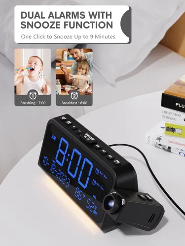 Vista 6 de Mesqool Reloj despertador de proyección para techo de dormitorio, reloj digital con modo de días laborables/fines de semana, fecha, temperatura