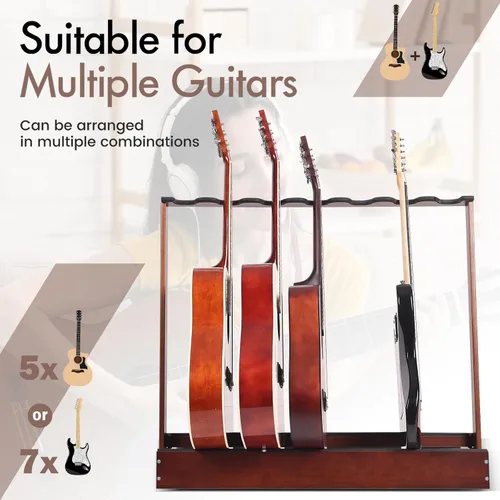 Vista 4 de Soporte plegable de madera de haya dura para 7 guitarras eléctricas/acústicas/bajas, exhibición compacta de piso y almacenamiento para escenario
