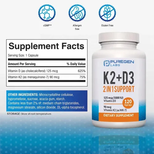 Vista 2 de Puregen Labs Fórmula 2 en 1 de alta potencia 90mcg Vitamina K2 (MK7) y 5000