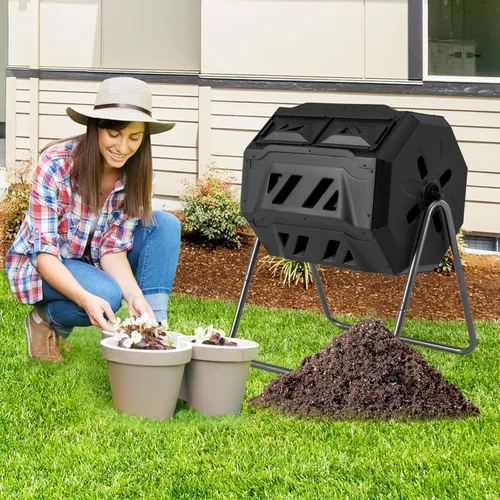 Vista 9 de Goplus Contenedor de compostaje de doble cámara para exteriores de 42 galones con 2 puertas corredizas, marco de metal resistente, compostador