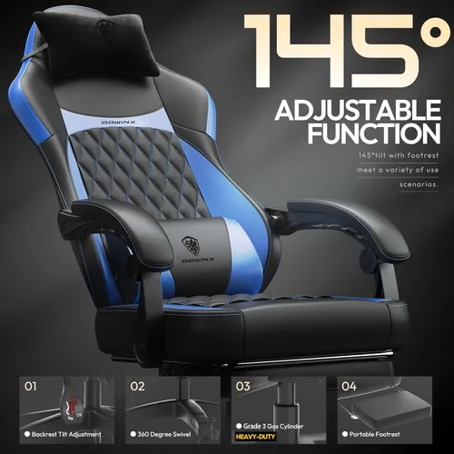Vista 7 de Dowinx Silla de juegos con cojín de resorte de bolsillo, silla ergonómica para computadora con masaje lumbar y reposapiés para adultos, silla