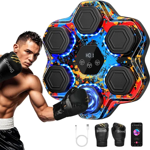 Vista 11 de Máquina de boxeo de música, entrenador interactivo de boxeo con guantes de boxeo, blanco de boxeo electrónico de gran tamaño montado en la pared