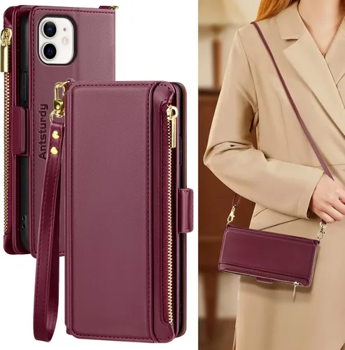 Vista 14 de Antsturdy Funda tipo cartera compatible con iPhone 11, piel sintética, con bloqueo RFID, funda cruzada para teléfono para mujeres y hombres