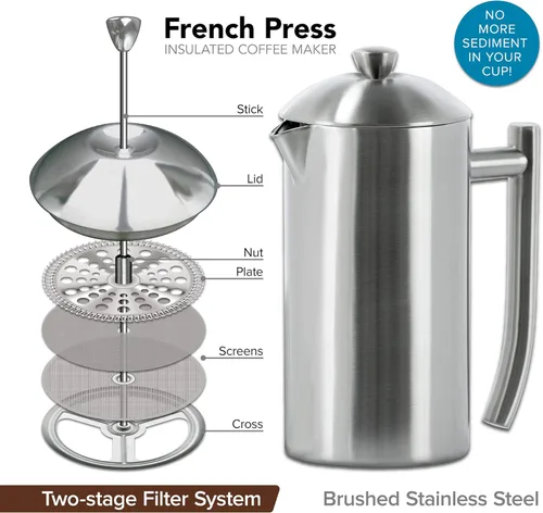 Vista 2 de Frieling Prensa de café de acero inoxidable de doble pared, 17 onzas, cafetera de prensa francesa aislada para acampar y viajes, diseño no plástico