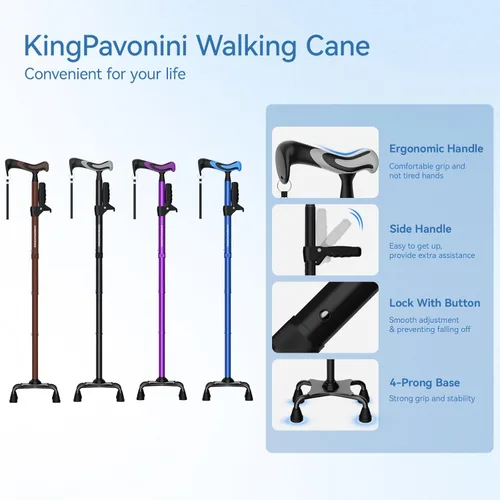 Vista 8 de KingPavonini Bastón de caminar para mujeres/hombres con segundo mango, plegable y ajustable con base de 4 puntas para estar de pie, ayuda ligera