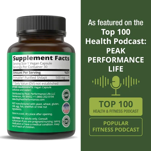 Vista 6 de Cápsulas de Shilajit purificadas PrimaVie hechas con polvo puro de Shilajit. Suplemento natural clínicamente probado con más de 40 oligogramas