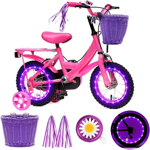 Vista 5 de Hestya Juego de cestas de bicicleta para niños, cesta de mimbre, cesta de bicicleta para manillar para niñas con 2 luces LED para ruedas de Azul