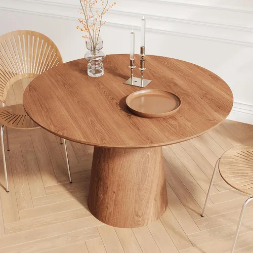 Vista 4 de WILLIAMSPACE Mesa de comedor de madera, mesa de cocina redonda extensible, mesa de comedor retro para 4 a 6, mesa de comedor rústica para comedor