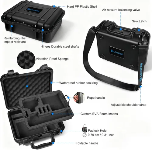 Vista 3 de Lekufee Funda rígida portátil impermeable para cámara de acción DJI Osmo Action 6/5 Pro/4/3, combo estándar, combo de aventura, más accesorios