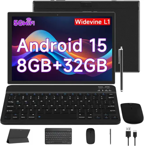 Tablet Android 15 de 10 pulgadas, tabletas 2 en 1 con teclado/ratón/estuche/lápiz capacitivo, 8 GB de RAM+32 GB ROM/1 TB Expandir Tableta,