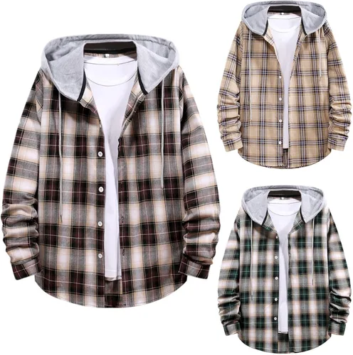 Vista 4 de Sudaderas con capucha para hombre, a cuadros, casuales, de manga larga, ligeras, a la moda, con botones, para exteriores