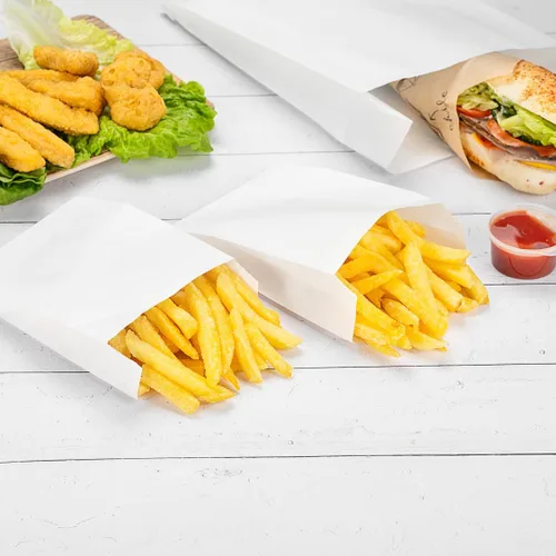 Vista 8 de Restaurantware Bag Tek - Bolsas de papel de 4.3 x 1.5 x 6.3 pulgadas para aperitivos, 100 bolsas desechables para papas fritas, a prueba de grasa
