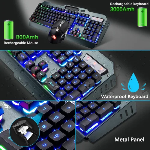 Vista 6 de Combo de teclado y mouse inalámbricos para juegos, 3 en 1, teclado recargable LED arcoíris con panel de metal de batería de 3800 mAh, alfombrilla