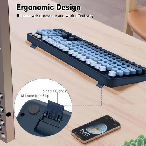 Vista 3 de Combo de teclado y mouse inalámbricos, teclas redondas retro, lindo teclado de tamaño completo, conexión sin abandono de 2.4 GHz y mouse óptico