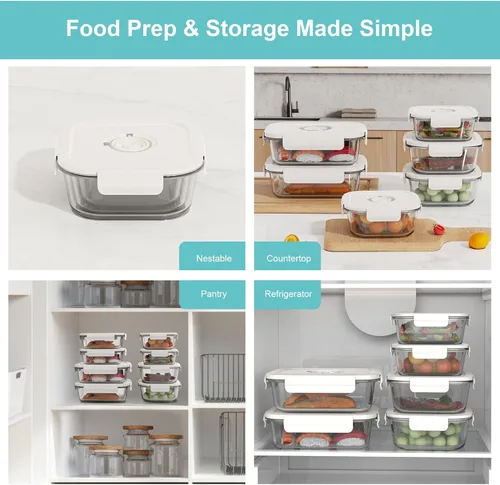Vista 8 de Recipientes de vidrio para almacenamiento de alimentos con sellado al vacío, 3 recipientes con 10 bolsas Sous Vide / 1 bomba manual, recipiente
