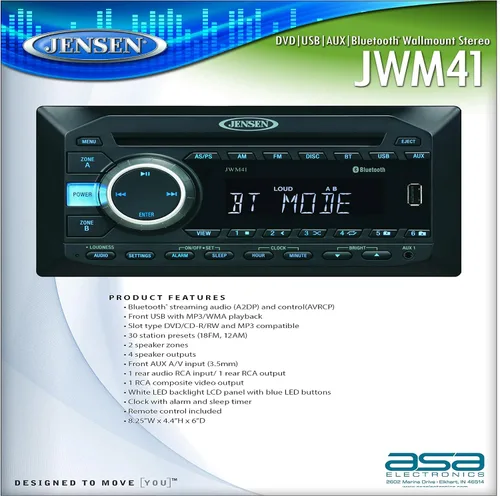 Vista 2 de Jensen JWM41 Zonas de 2 altavoces AM/FM DVD CD USB AUX Estéreo Bluetooth para montaje en pared, 4X 6 vatios, reproducción: CD, CD-R, CD-RW, DVD