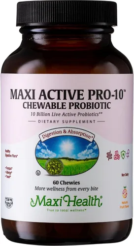 Maxi Health Active Pro-10 Kids Probiotic Chewables - 15 cepas para la salud digestiva e inmunológica - Mezcla de 10 mil millones de probióticos -