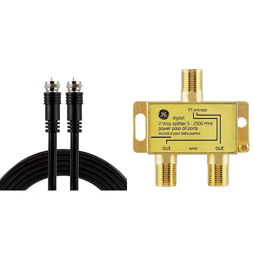 GE Cable coaxial RG6, conectores tipo F de 15 pies, negro, 33627 y divisor de cable, 2.5 GHz 5-2500 MHz, compatible con RG6, funciona con TV HD,