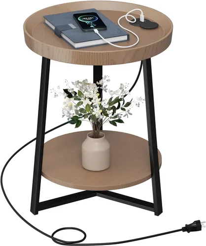 Vista 13 de Mesa auxiliar redonda Gadroad con estante de almacenamiento, mesa de noche de dos niveles estilo granja para sala de estar, dormitorio, superficie