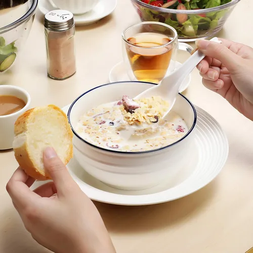 Vista 4 de Hiware Cucharas de sopa asiáticas de 12 piezas, cucharas de arroz, cuchara de sopa china de Won Ton, estilo con muesca y gancho, color blanco