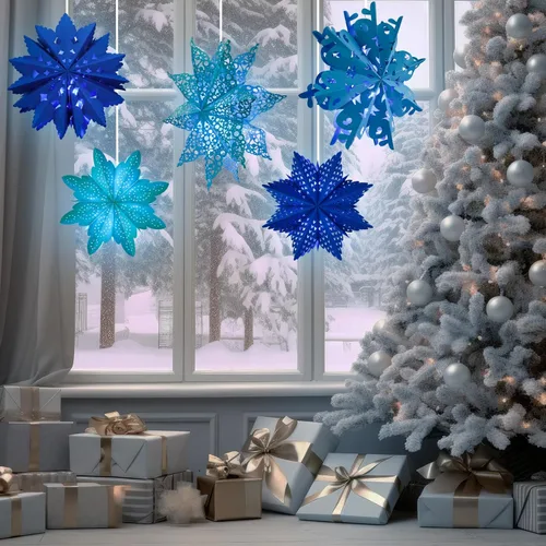 Vista 4 de Mudder 5 Piezas Faroles Grandes de Papel de Copo de Nieve de Navidad con 7 Luces de 23.6/17.7 Pulgadas Papel de Estrella Lámpara Colgante 3D