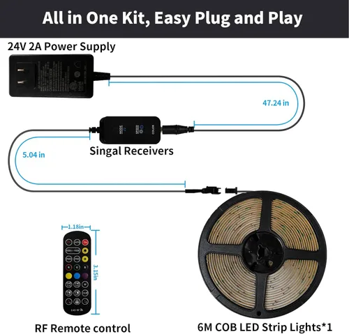 Vista 7 de Tira de luces LED de 20 pies COB Smart IC, luces LED RGB de 24V para dormitorio con control remoto RF, botón de aplicación inteligente