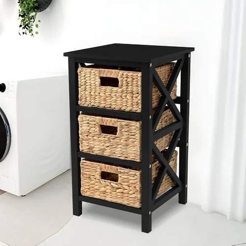 Vista 2 de eHemco Mesa auxiliar de 3 niveles con diseño en X y cestas de mimbre para mesita de noche, sala de estar, negro