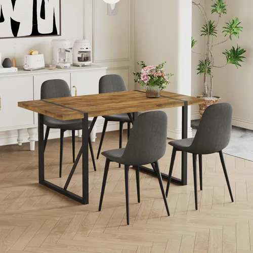 Vista 7 de Mesa de comedor de 55 pulgadas para 4-6, mesa de cocina de madera con patas de metal, mesa de comedor para 4-6 para el hogar, comedor, sala de estar