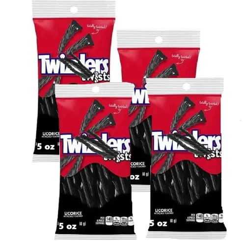Twist Regaliz Twists - Bolsas de 5 onzas, paquete de 4 golosinas suaves y masticables de regaliz para compartir fiestas, noches de cine y cestas de