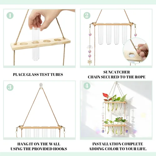 Vista 5 de Estaciones de propagación colgantes con atrapasoles de cristal, macetas de pared de vidrio para plantas de interior, hidroponía, soporte de madera