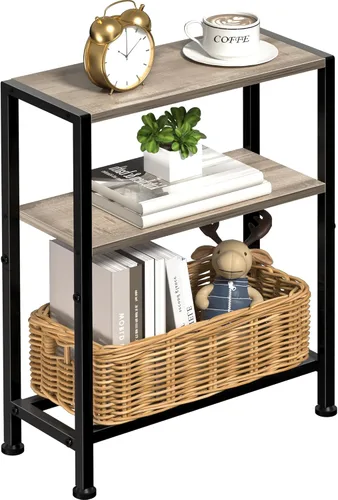 Vista 19 de Mesa auxiliar estrecha para espacios pequeños, mesa auxiliar pequeña de 2 niveles con soporte para estantes, mesita de noche delgada, mesa de sofá