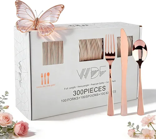 Vista 12 de WDF 300 cubiertos de plástico dorado desechables, cubiertos de plástico resistente, juegos de cubiertos dorados que incluyen 100 tenedores, 100
