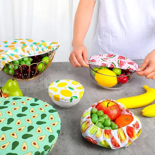 Vista 7 de Patelai 10 fundas reutilizables para tazones en 5 tamaños, tela elástica, fundas elásticas para tazones de almacenamiento de alimentos, tapas de pan