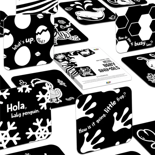 Vista 11 de 50 páginas de tarjetas de estimulación visual, 25 tarjetas de estímulo visual para bebés en blanco y negro, juego de tarjetas de desarrollo