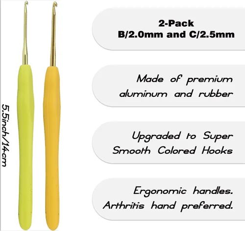 Vista 2 de YOJOB 2Pack Agujas de Ganchillo Tamaño B / 2mm, C / 2.5mm, Super Suave y Ergonómicas para Principiantes y Avanzados (2.0mm, 2.5mm)