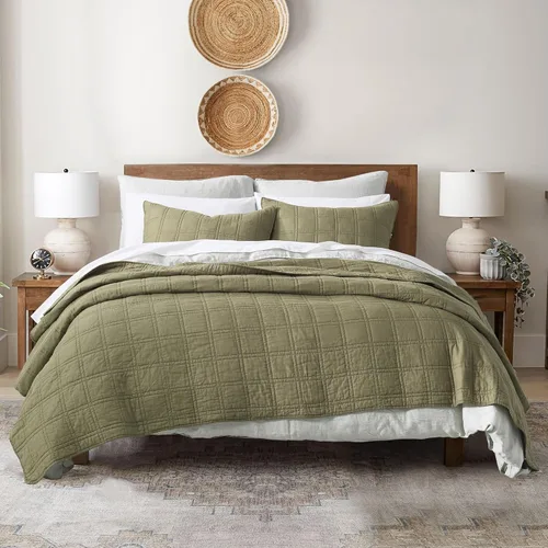 Vista 20 de HORIMOTE HOME Juego de edredón 100% algodón tamaño Queen, juego de colcha prelavada gris claro, funda de cama decorativa con costuras ligeras y 2