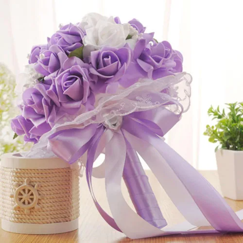Vista 2 de Ramo de boda – Ramo de flores artificiales de seda para dama de honor, novia, ramo de flores de satén de diamantes para boda, compromiso, decoración